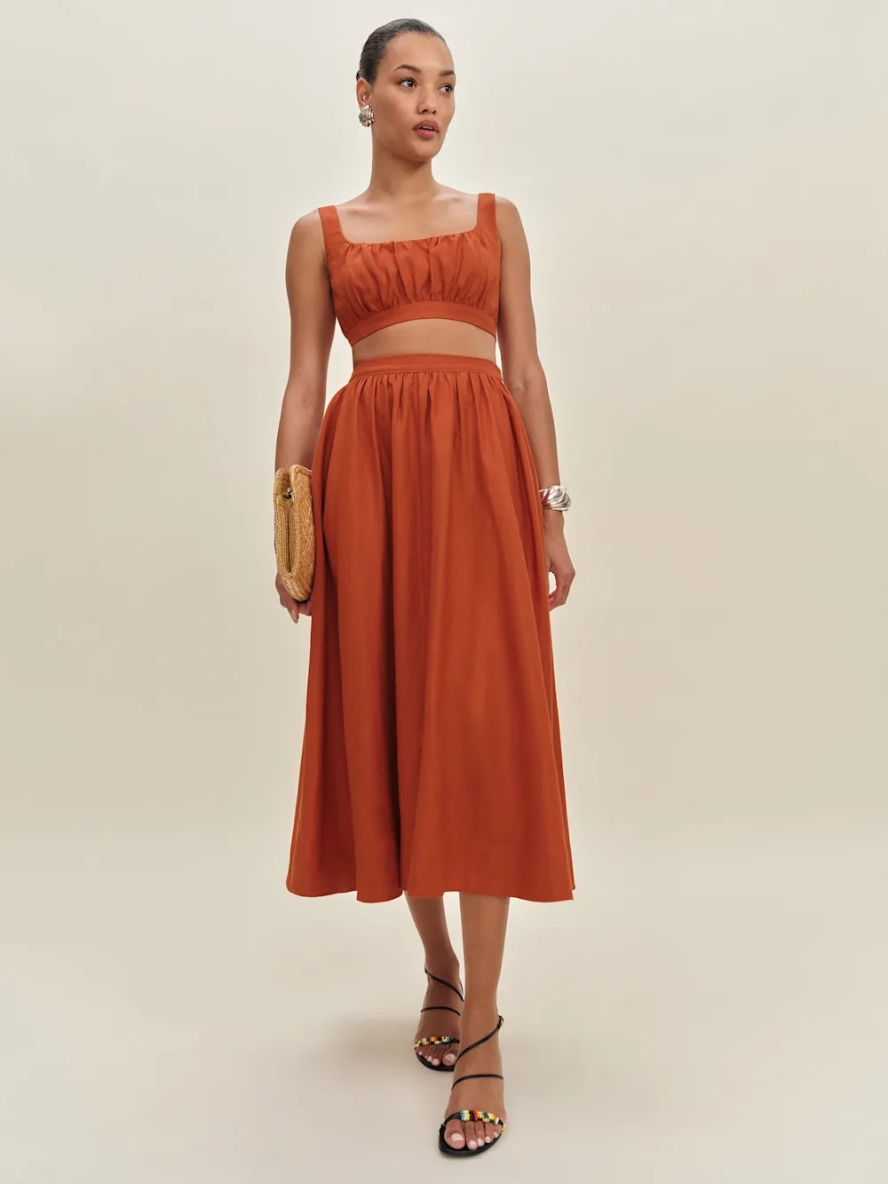 Reformation Terracotta Linen Two Piece Set Ruched Bra Top Midi Skirt